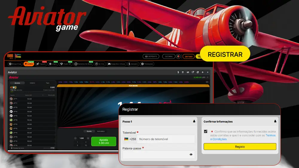 Processo de registo no 888bets Aviator Moçambique